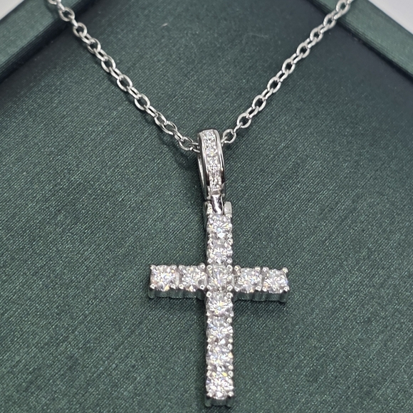 None Jewelry - Moissanite Cross Pendant Necklace | 925 Sterling Silver | Dainty Sparkle